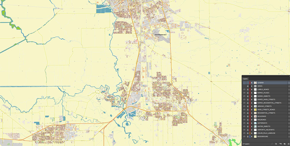 Stockton California USA Map Vector Exact City Plan High Detailed Street Map editable Adobe Illustrator in layers