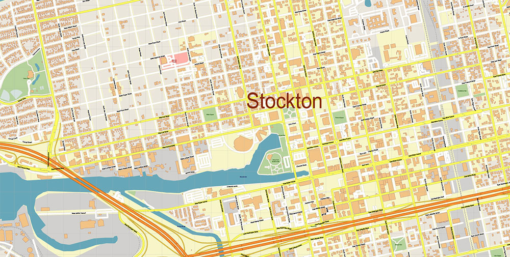 Stockton California USA Map Vector Exact City Plan High Detailed Street Map editable Adobe Illustrator in layers