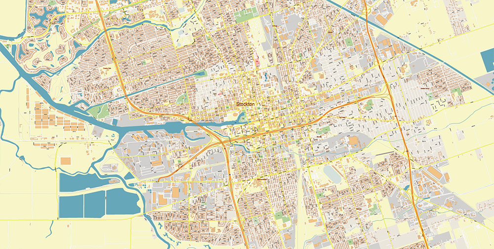Stockton California USA Map Vector Exact City Plan High Detailed Street Map editable Adobe Illustrator in layers