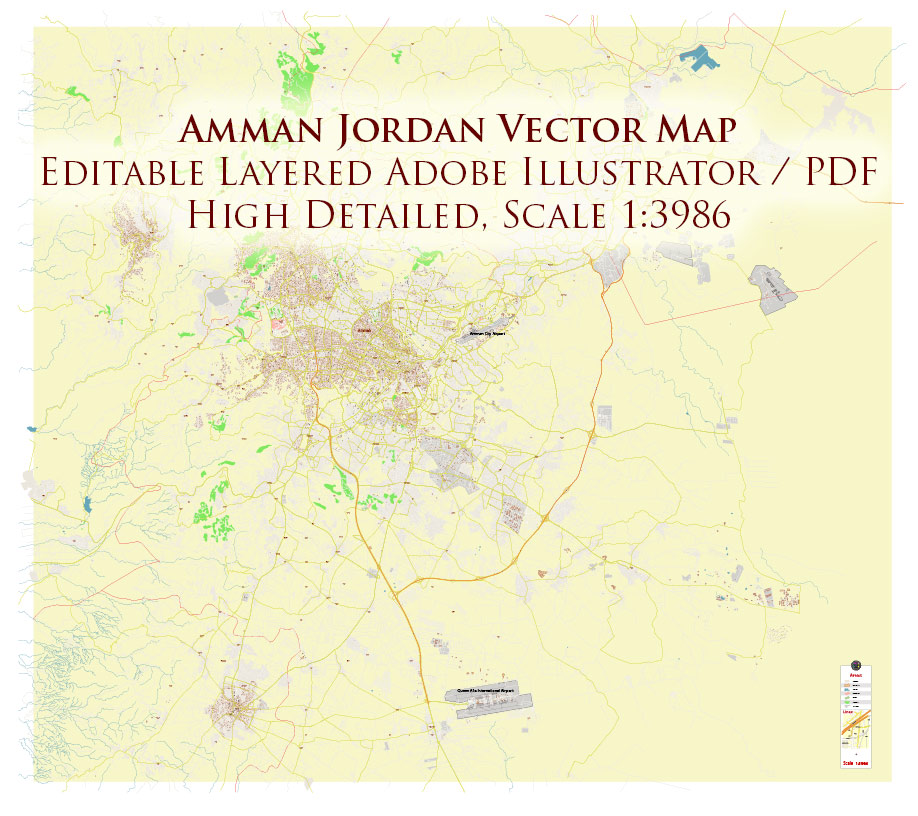 Amman Jordan Map Vector Exact High Detailed Street Map editable Adobe Illustrator in layers
