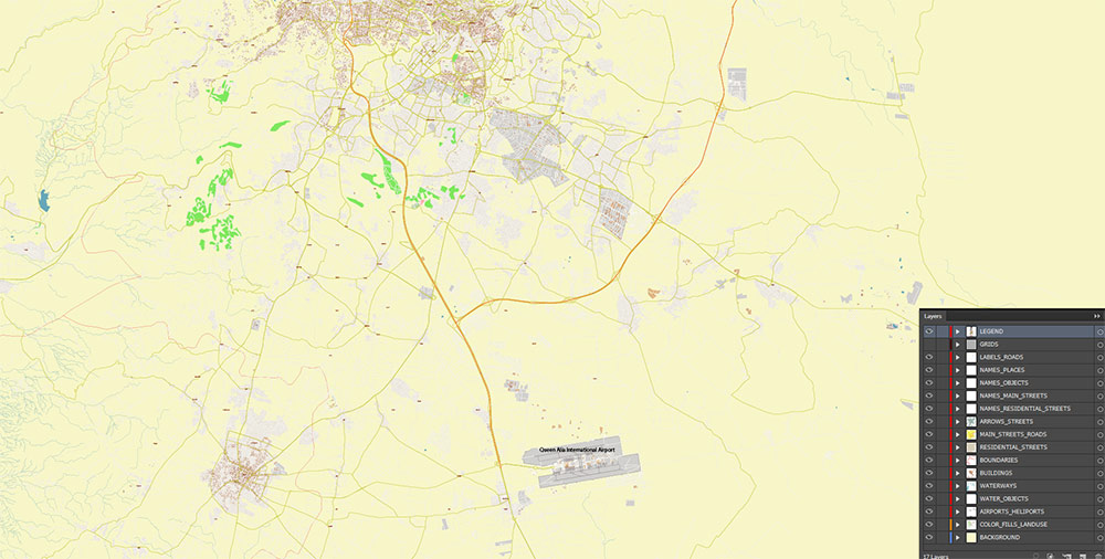 Amman Jordan Map Vector Exact High Detailed Street Map editable Adobe Illustrator in layers
