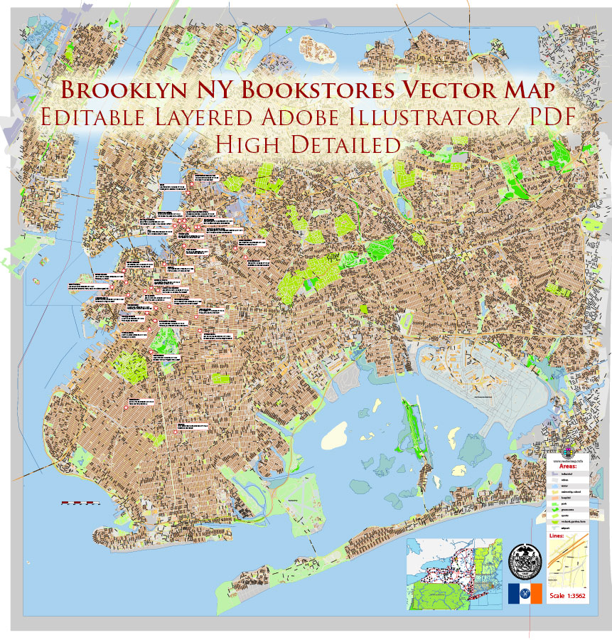 Brooklyn NYC Bookstores Map Vector Exact High Detailed Street Map editable Adobe Illustrator in layers