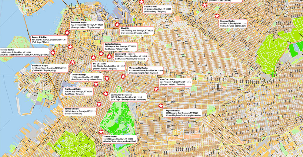 Brooklyn NYC Bookstores Map Vector Exact High Detailed Street Map editable Adobe Illustrator in layers