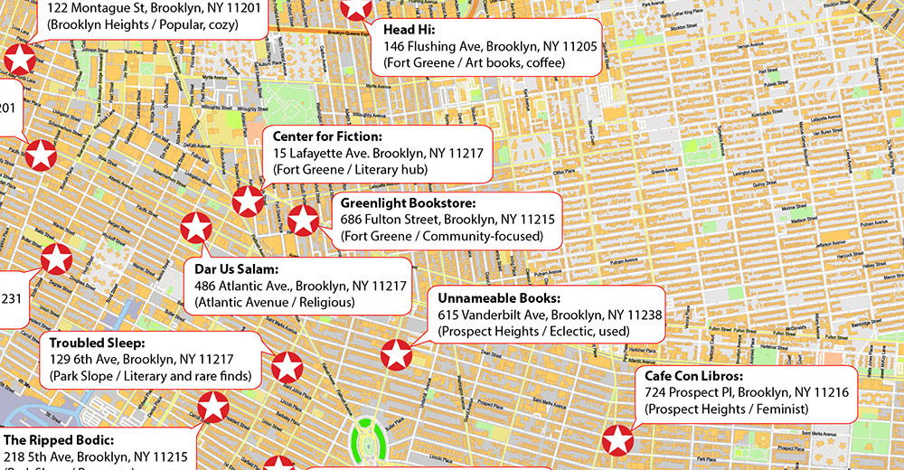 Brooklyn NYC Bookstores Map Vector Exact High Detailed Street Map editable Adobe Illustrator in layers