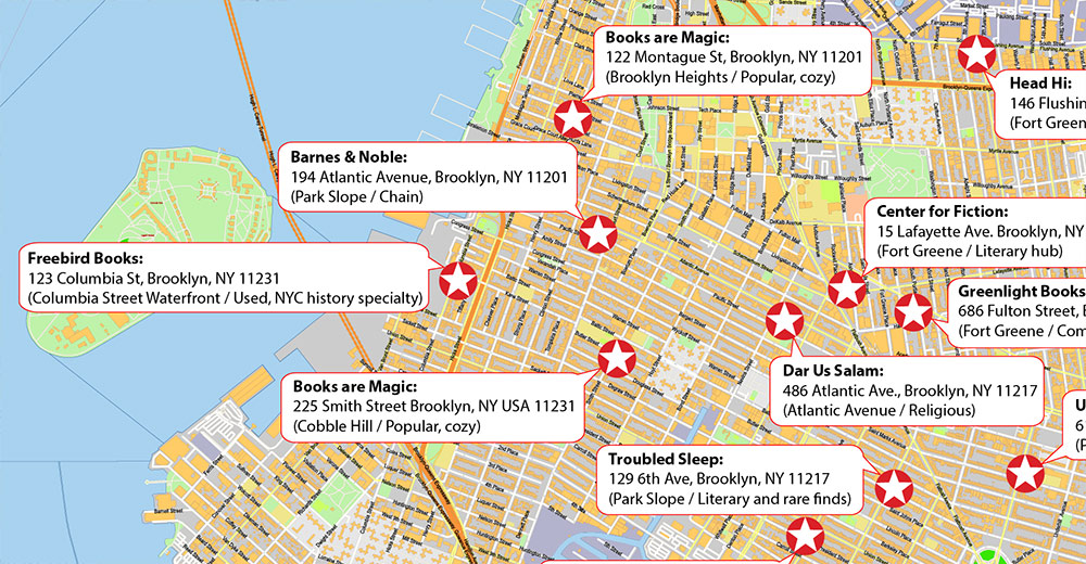 Brooklyn NYC Bookstores Map Vector Exact High Detailed Street Map editable Adobe Illustrator in layers