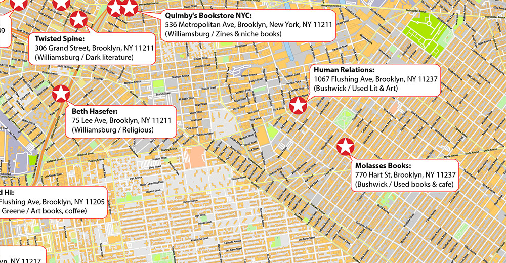 Brooklyn NYC Bookstores Map Vector Exact High Detailed Street Map editable Adobe Illustrator in layers