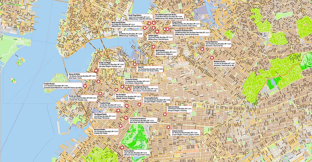 Brooklyn NYC Bookstores Map Vector Exact High Detailed Street Map editable Adobe Illustrator in layers
