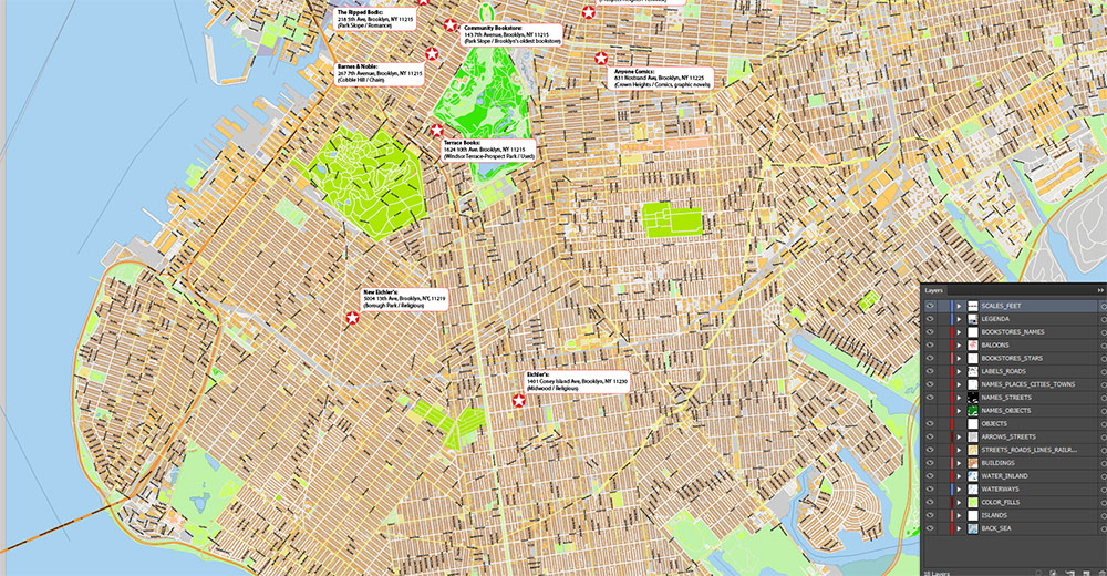 Brooklyn NYC Bookstores Map Vector Exact High Detailed Street Map editable Adobe Illustrator in layers