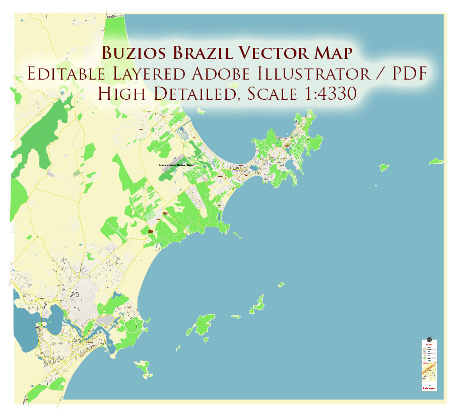 Buzios Brazil Map Vector Exact High Detailed Street Map editable Adobe Illustrator in layers