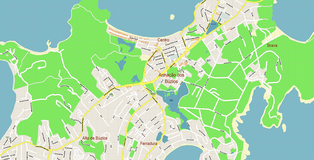 Buzios Brazil Map Vector Exact High Detailed Street Map editable Adobe Illustrator in layers