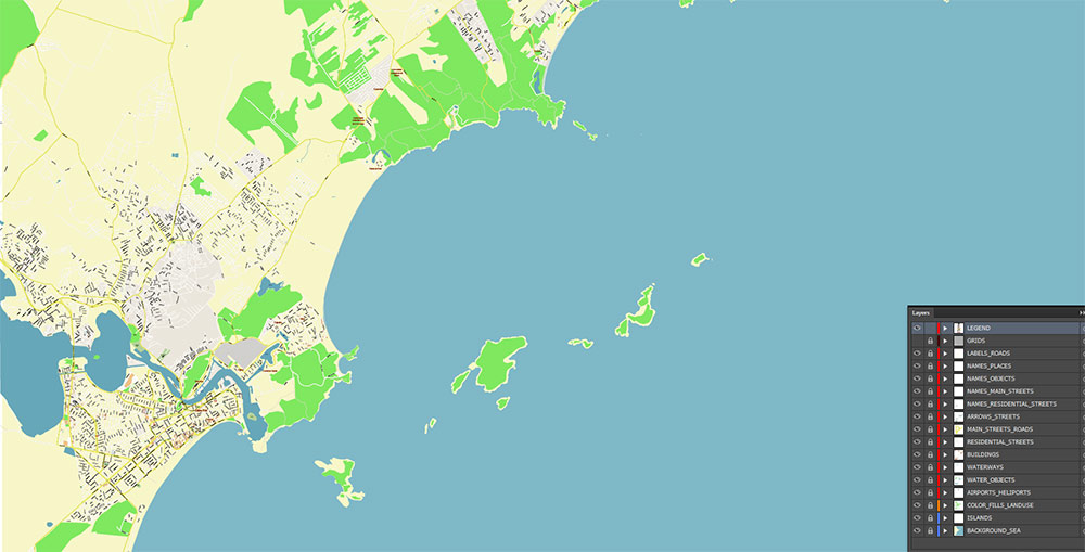Buzios Brazil Map Vector Exact High Detailed Street Map editable Adobe Illustrator in layers