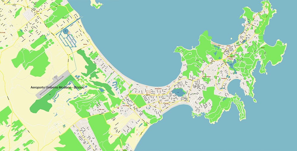Buzios Brazil Map Vector Exact High Detailed Street Map editable Adobe Illustrator in layers
