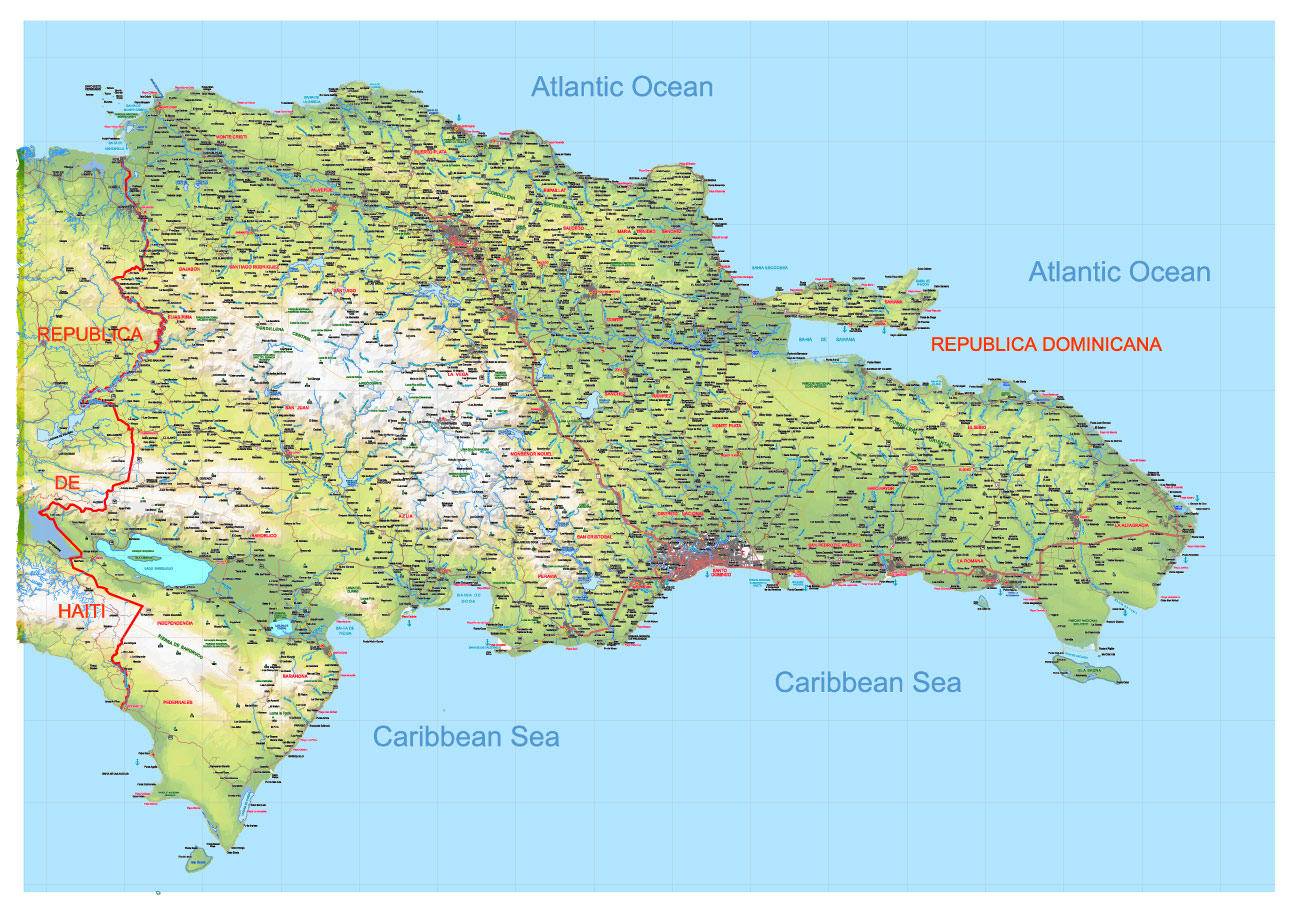 Dominican Republic Relief and Roads Map Vector Exact High Detailed editable Adobe Illustrator in layers