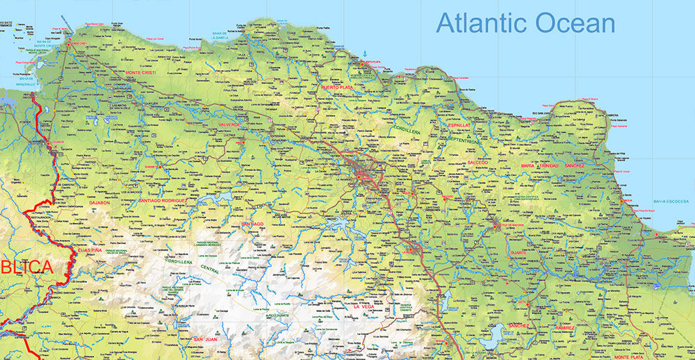 Dominican Republic Relief and Roads Map Vector Exact High Detailed editable Adobe Illustrator in layers
