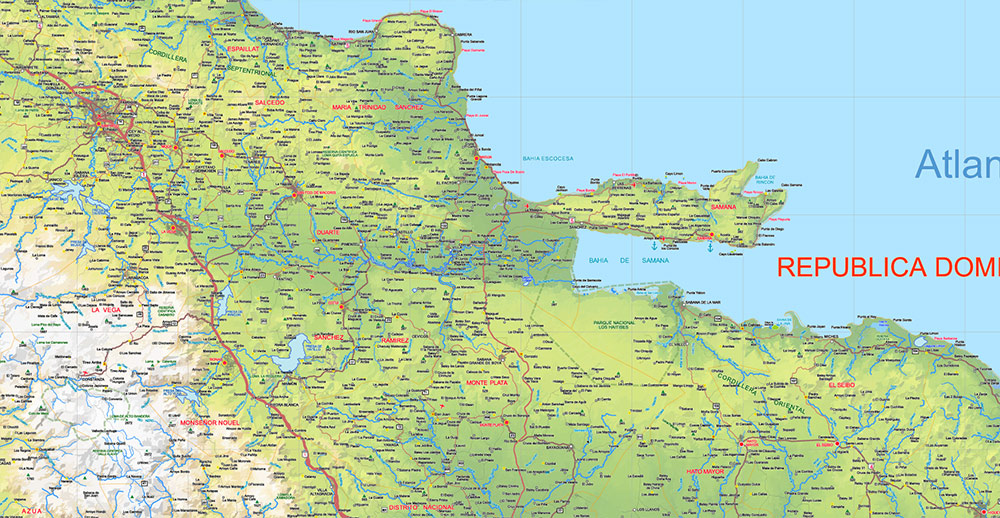 Dominican Republic Relief and Roads Map Vector Exact High Detailed editable Adobe Illustrator in layers