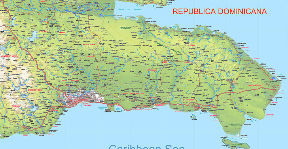 Dominican Republic Relief and Roads Map Vector Exact High Detailed editable Adobe Illustrator in layers
