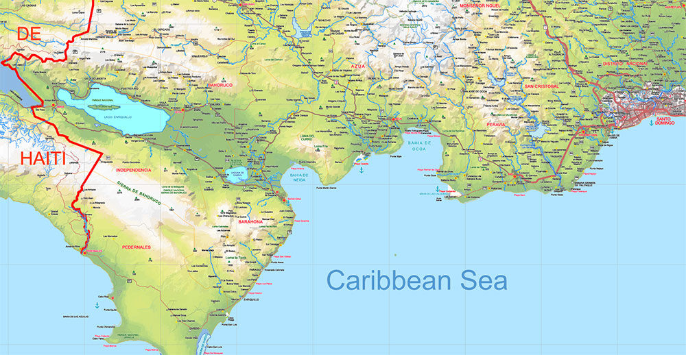 Dominican Republic Relief and Roads Map Vector Exact High Detailed editable Adobe Illustrator in layers