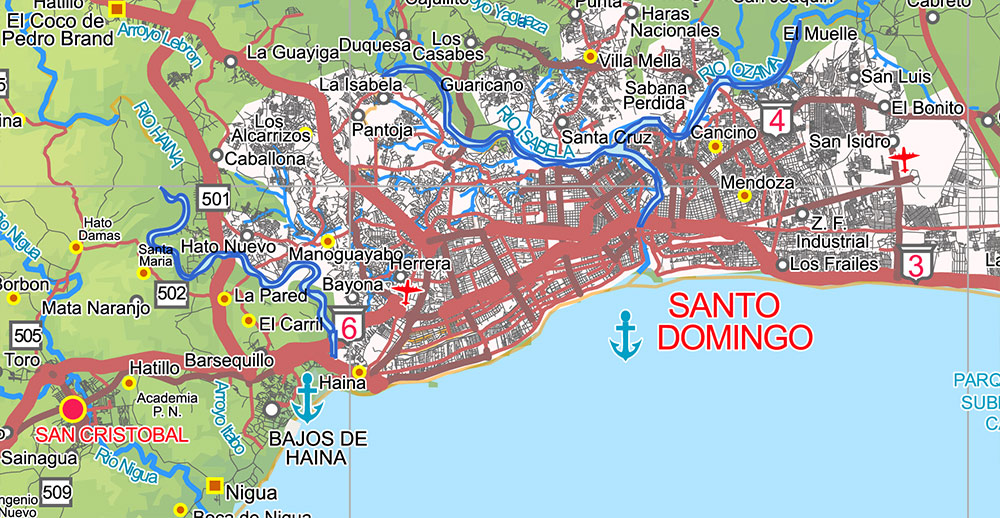 Dominican Republic Relief and Roads Map Vector Exact High Detailed editable Adobe Illustrator in layers