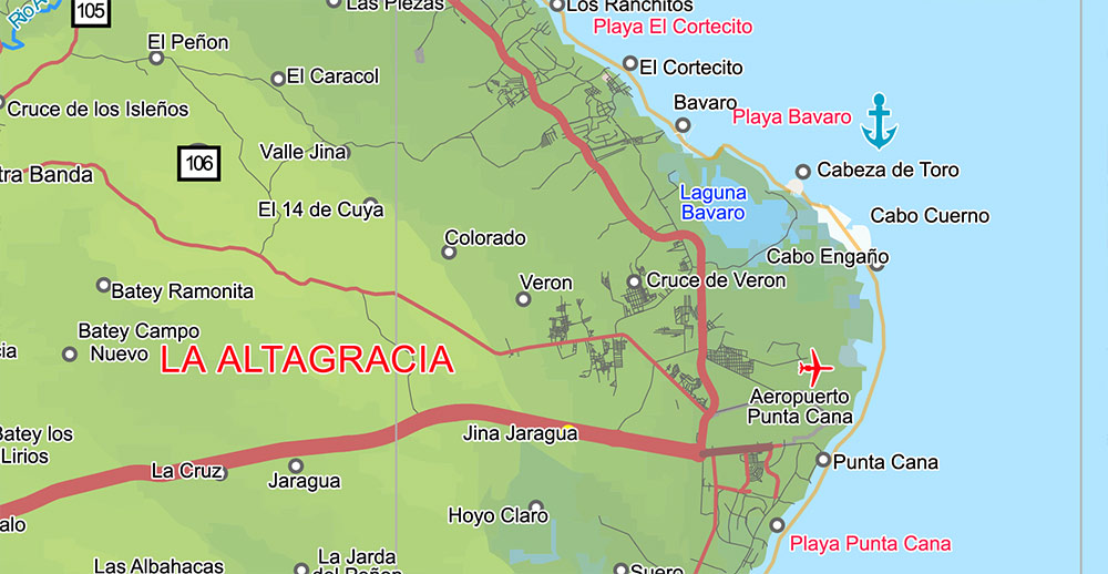 Dominican Republic Relief and Roads Map Vector Exact High Detailed editable Adobe Illustrator in layers