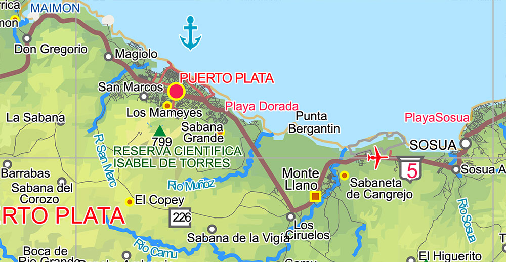 Dominican Republic Relief and Roads Map Vector Exact High Detailed editable Adobe Illustrator in layers