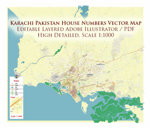 Karachi Pakistan House Numbers Map Vector Exact High Detailed Street Map editable Adobe Illustrator in layers