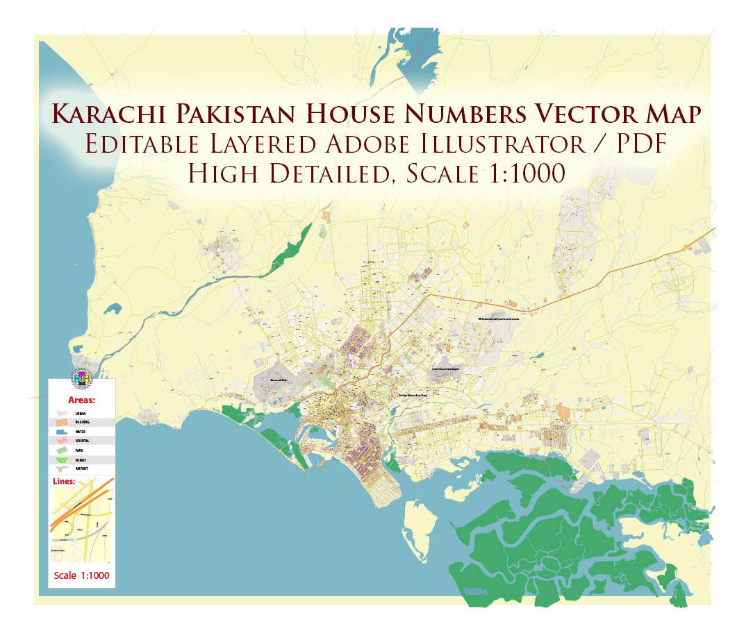 Karachi Pakistan House Numbers Map Vector Exact High Detailed Street Map editable Adobe Illustrator in layers