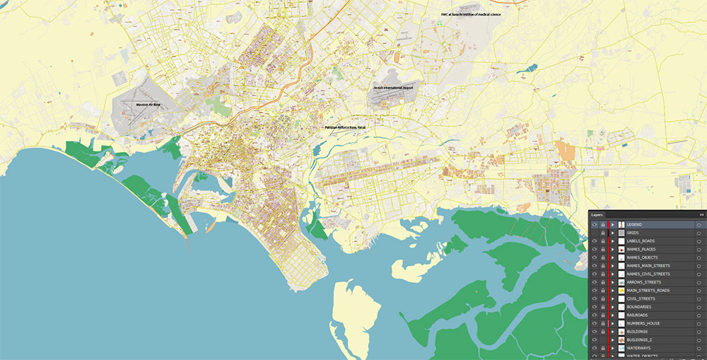 Karachi Pakistan House Numbers Map Vector Exact High Detailed Street Map editable Adobe Illustrator in layers