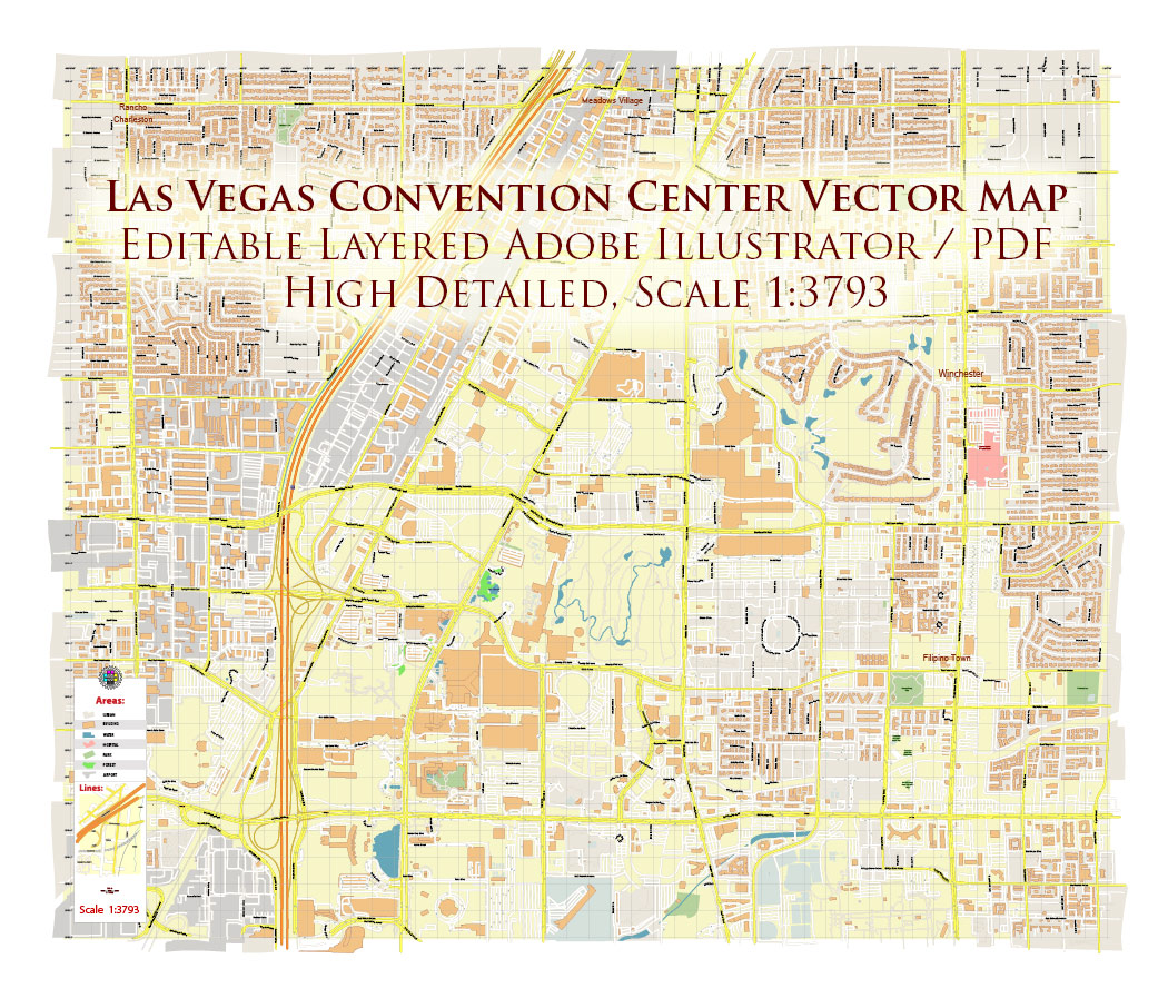 Las Vegas Convention Center CBD Map Vector Exact High Detailed Street Map editable Adobe Illustrator in layers
