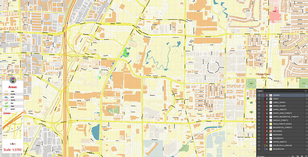 Las Vegas Convention Center CBD Map Vector Exact High Detailed Street Map editable Adobe Illustrator in layers