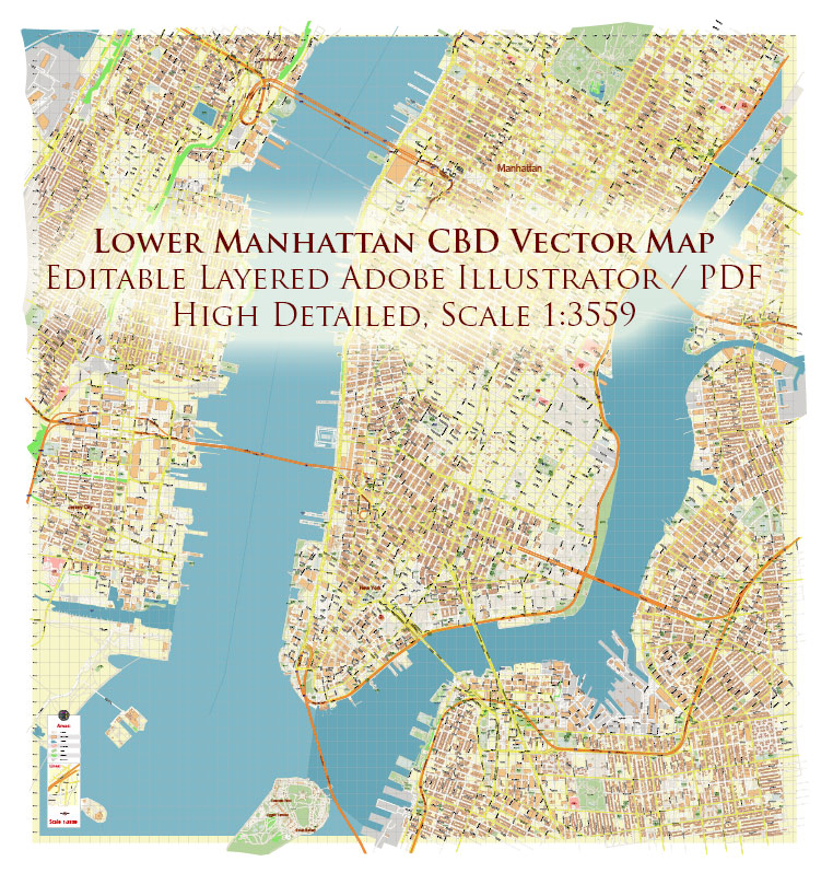 Lower Manhattan NY CBD Map Vector Exact High Detailed Street Map editable Adobe Illustrator in layers