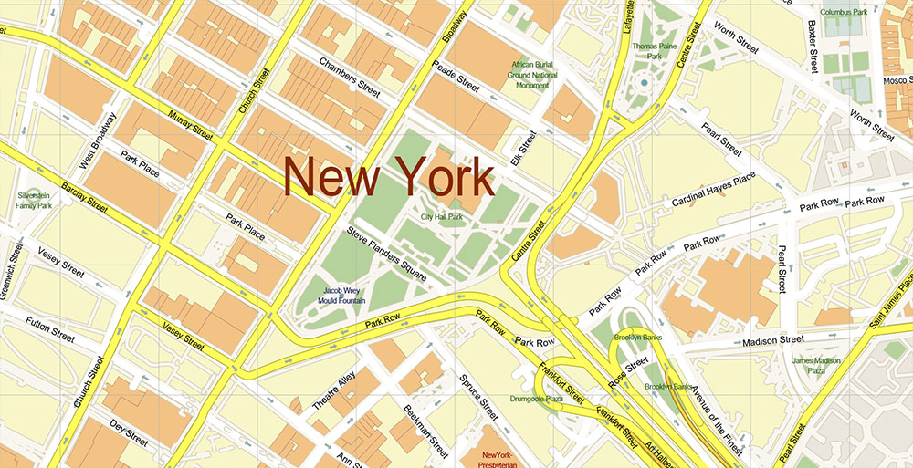 Lower Manhattan NY CBD Map Vector Exact High Detailed Street Map editable Adobe Illustrator in layers