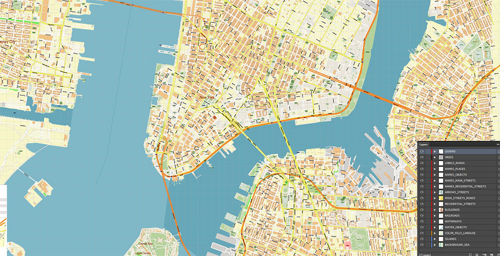 Lower Manhattan NY CBD Map Vector Exact High Detailed Street Map editable Adobe Illustrator in layers