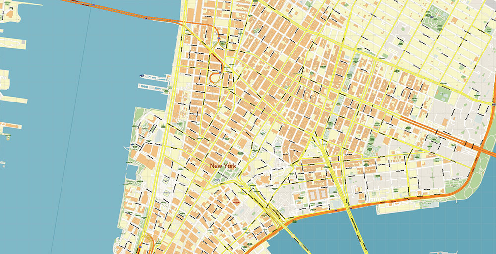 Lower Manhattan NY CBD Map Vector Exact High Detailed Street Map editable Adobe Illustrator in layers