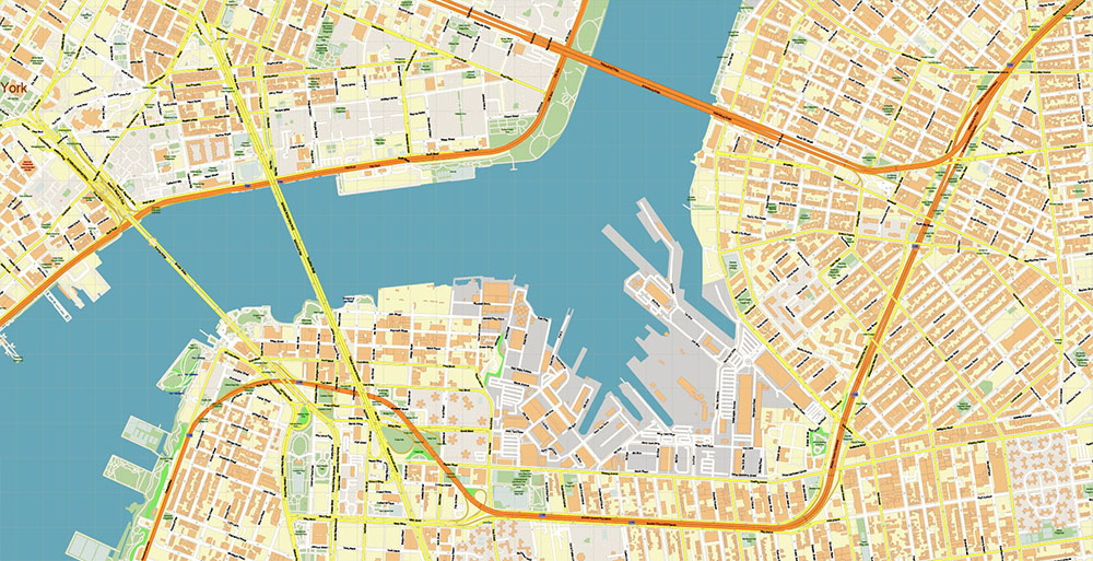 Lower Manhattan NY CBD Map Vector Exact High Detailed Street Map editable Adobe Illustrator in layers