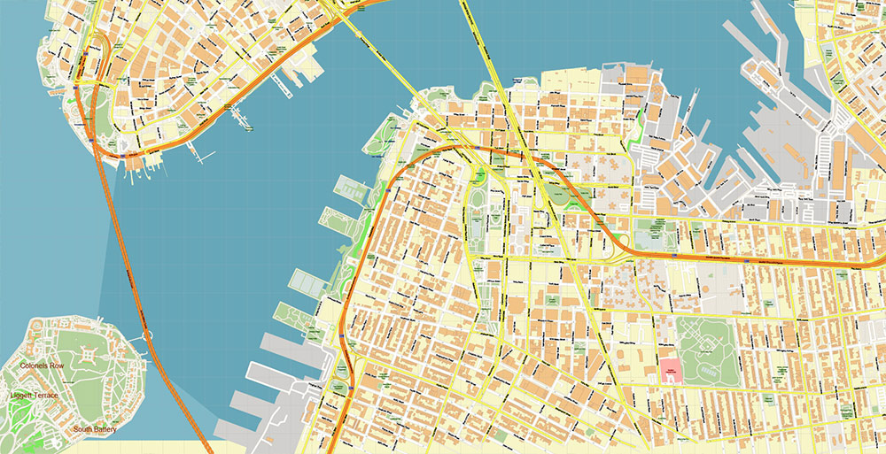 Lower Manhattan NY CBD Map Vector Exact High Detailed Street Map editable Adobe Illustrator in layers