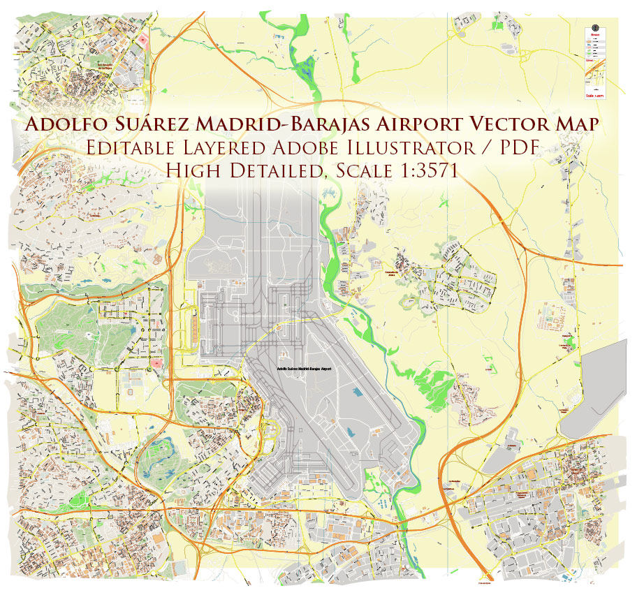 Madrid Barajas International Airport Map Vector Exact High Detailed Street Map editable Adobe Illustrator in layers