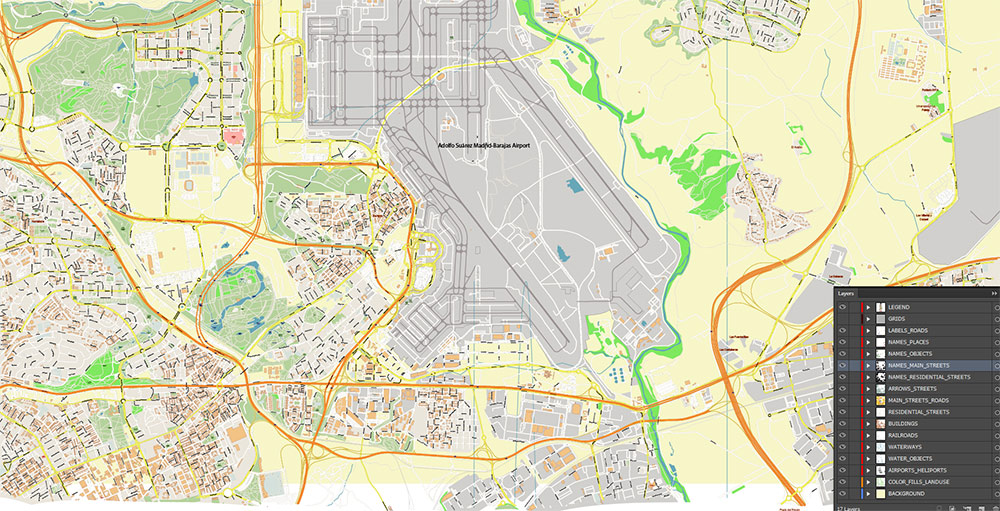 Madrid Barajas International Airport Map Vector Exact High Detailed Street Map editable Adobe Illustrator in layers