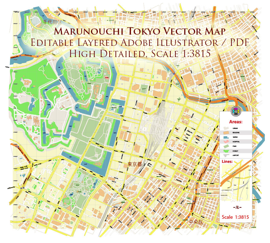 Marunouchi Tokyo CBD Map Vector Exact High Detailed Street Map editable Adobe Illustrator in layers