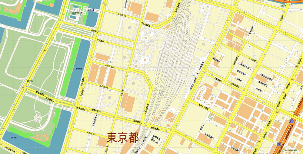 Marunouchi Tokyo CBD Map Vector Exact High Detailed Street Map editable Adobe Illustrator in layers