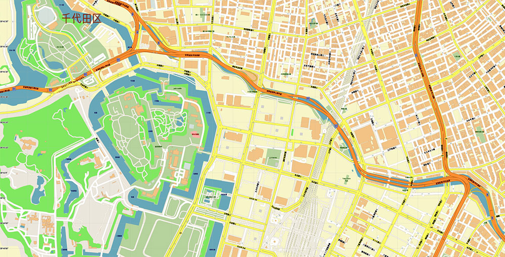 Marunouchi Tokyo CBD Map Vector Exact High Detailed Street Map editable Adobe Illustrator in layers