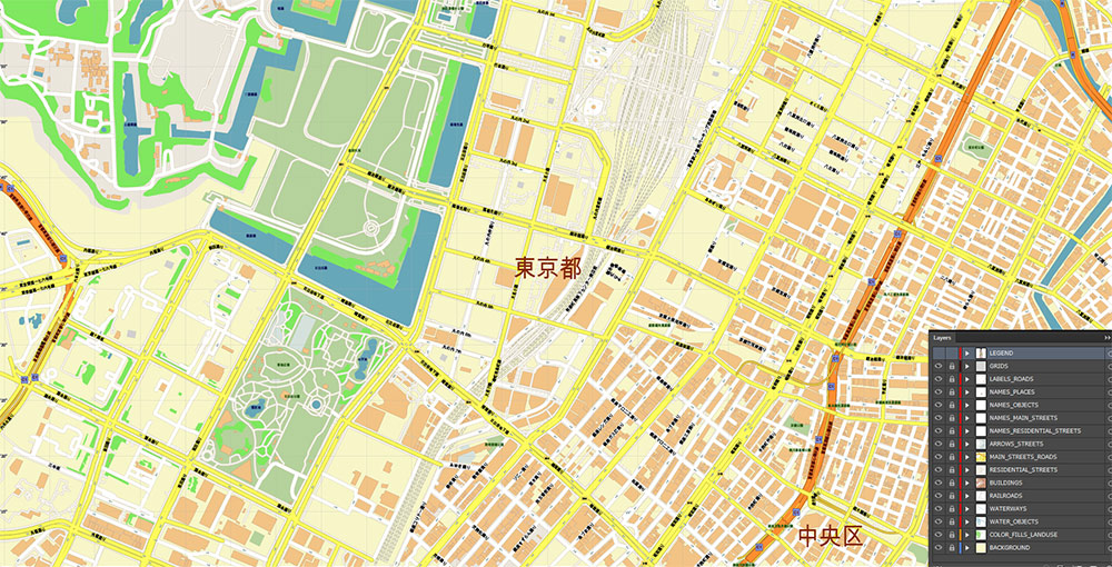 Marunouchi Tokyo CBD Map Vector Exact High Detailed Street Map editable Adobe Illustrator in layers