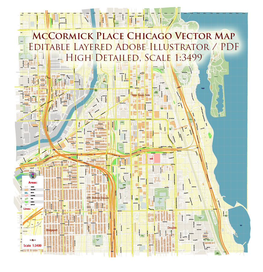 McCormick Place Chicago CBD Map Vector Exact High Detailed Street Map editable Adobe Illustrator in layers McCormick Place Chicago CBD Map Vector Exact High Detailed Street Map editable Adobe Illustrator in layers