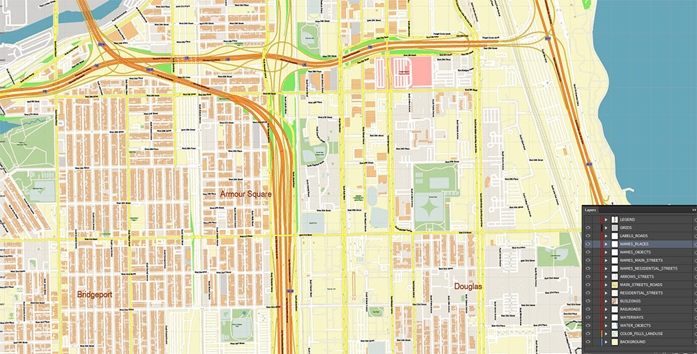 McCormick Place Chicago CBD Map Vector Exact High Detailed Street Map editable Adobe Illustrator in layers McCormick Place Chicago CBD Map Vector Exact High Detailed Street Map editable Adobe Illustrator in layers