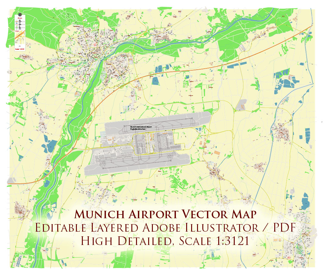 Munich International Airport Map Vector Exact High Detailed Street Map editable Adobe Illustrator in layers