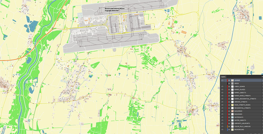 Munich International Airport Map Vector Exact High Detailed Street Map editable Adobe Illustrator in layers