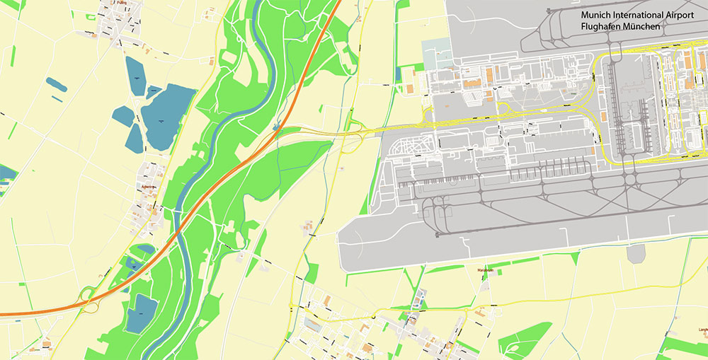 Munich International Airport Map Vector Exact High Detailed Street Map editable Adobe Illustrator in layers