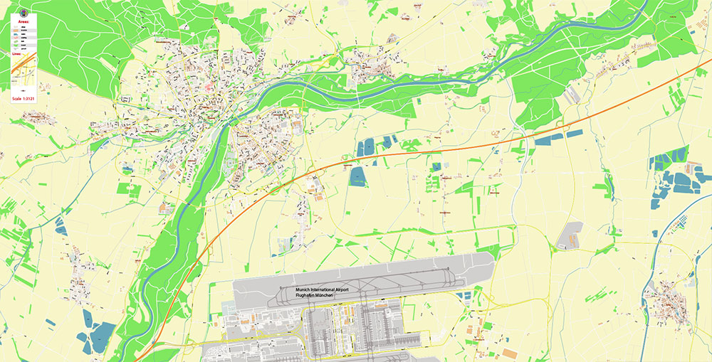 Munich International Airport Map Vector Exact High Detailed Street Map editable Adobe Illustrator in layers
