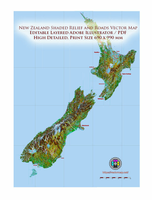New Zealand Relief and Roads Map Vector Exact High Detailed editable Print Size 690 x 990 mm Adobe Illustrator in layers New Zealand Relief and Roads Map Vector Exact High Detailed editable Print Size 690 x 990 mm Adobe Illustrator in layers
