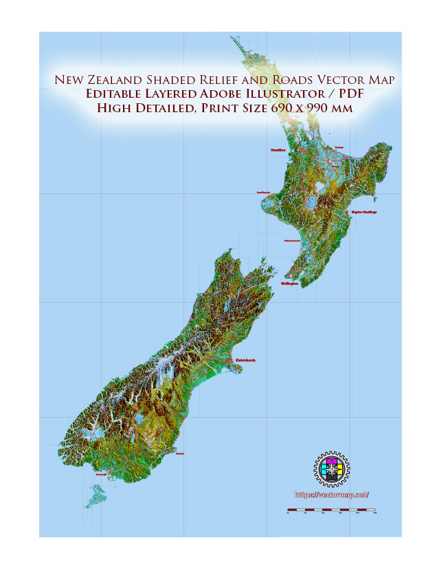 New Zealand Relief and Roads Map Vector Exact High Detailed editable Print Size 690 x 990 mm Adobe Illustrator in layers