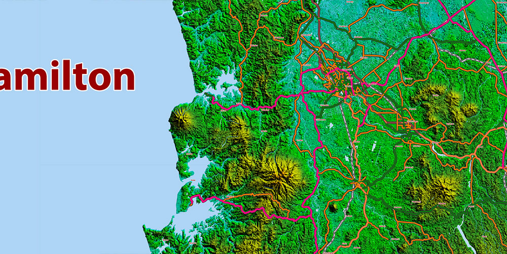 New Zealand Relief and Roads Map Vector Exact High Detailed editable Print Size 690 x 990 mm Adobe Illustrator in layers